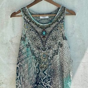 Aqua Snake Print Silk Embellished Tank